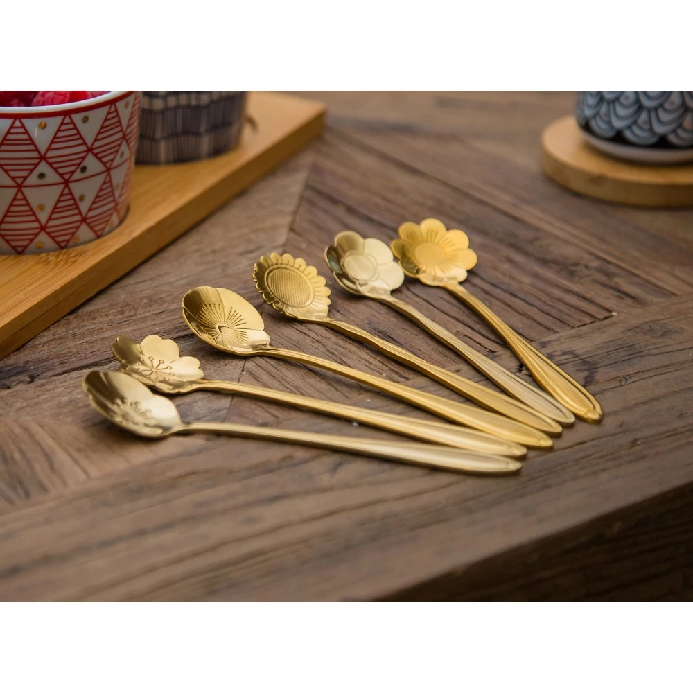 CUILLERES A DESSERT FLEUR ASSORTIES DORE - LOT DE 6
