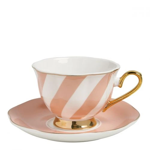 Tasse à thé et sous-tasse rayures pastel - Rose