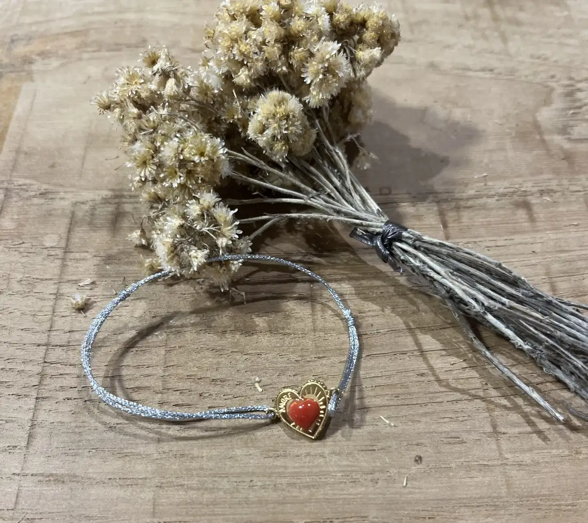 Bracelet Cordon Argent Cœur Corail