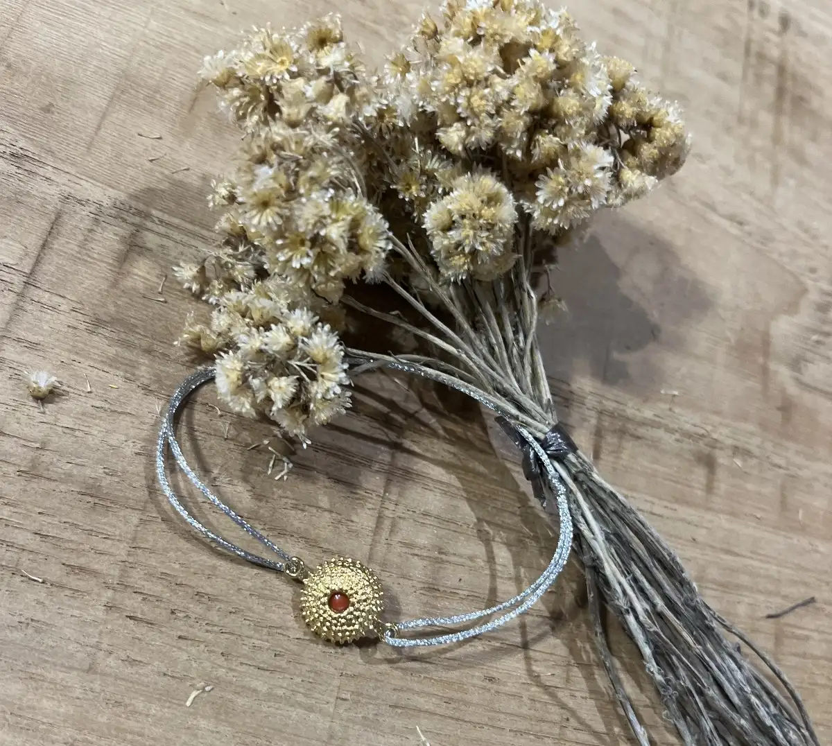 Bracelet Cordon Argent Oursin Corail