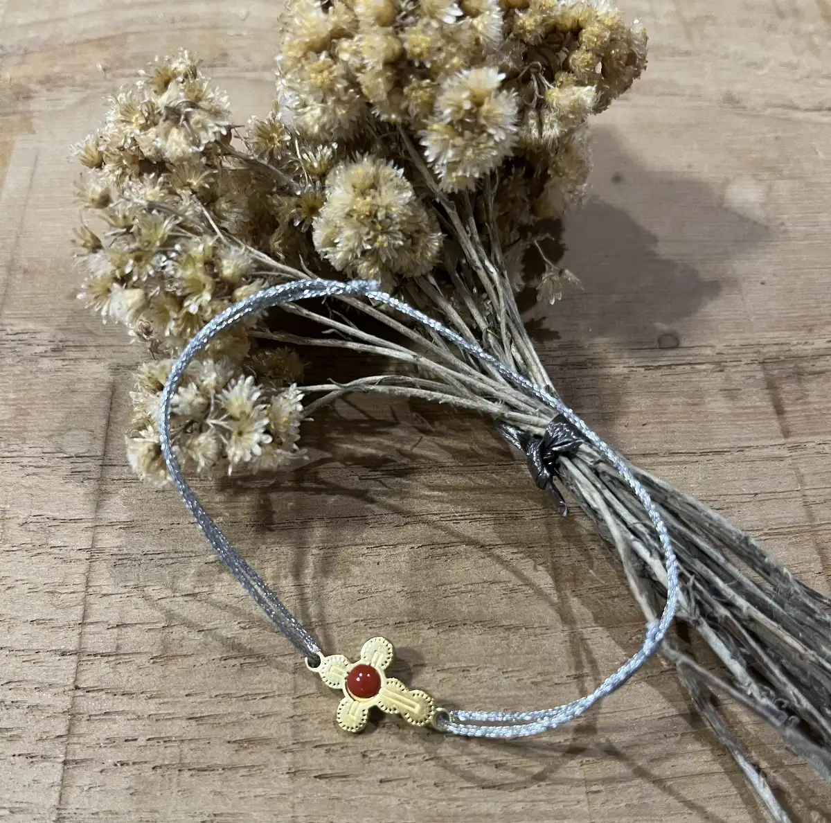 Bracelet Cordon Argent Croix Corail