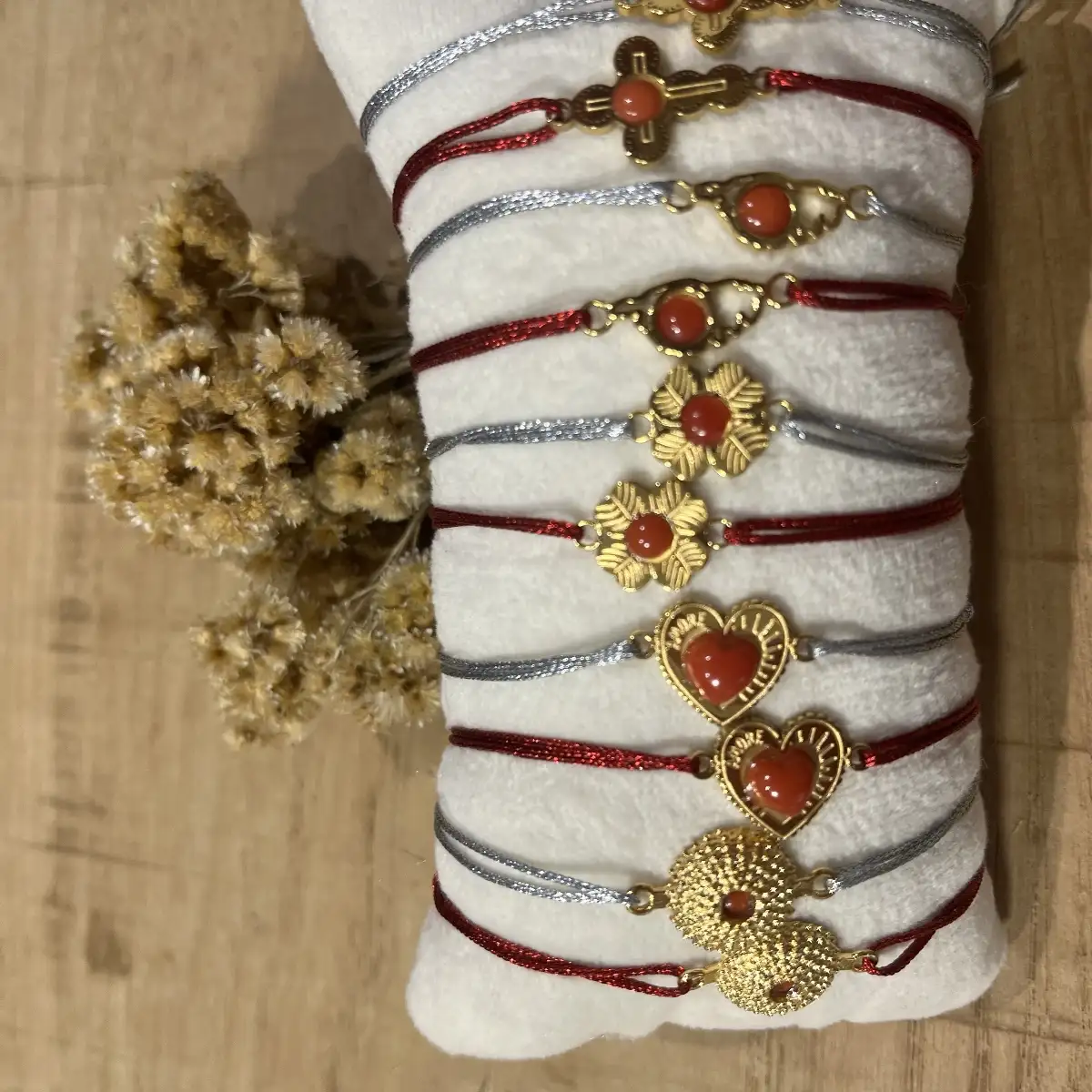 Bracelet Cordon Argent Trèfle  Corail