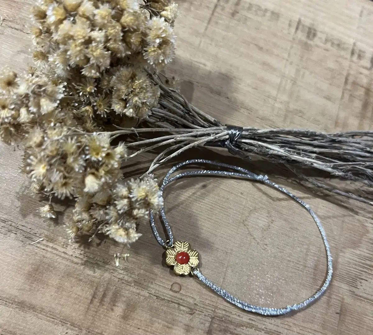 Bracelet Cordon Argent Trèfle  Corail