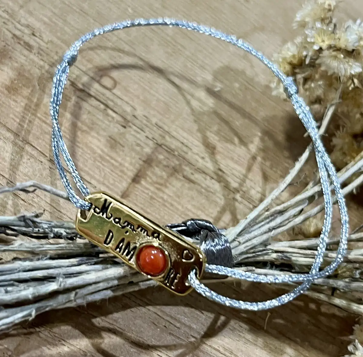 Bracelet Cordon Lurex Argent Mamma d’Amore Corail