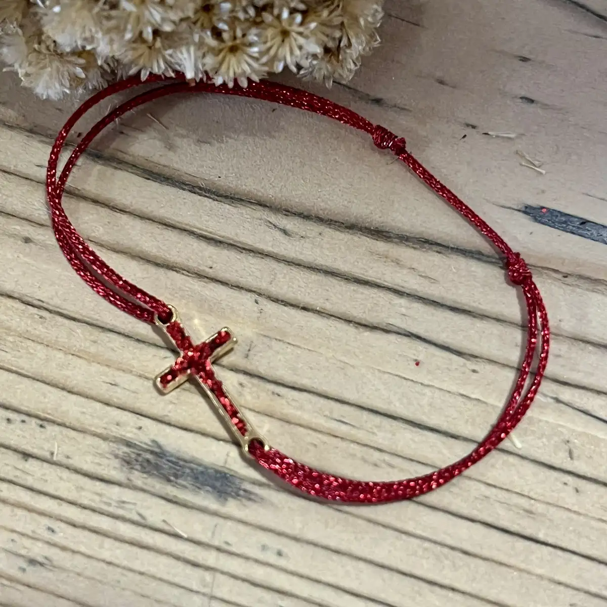 Bracelet Cordon Lurex rouge Croix
