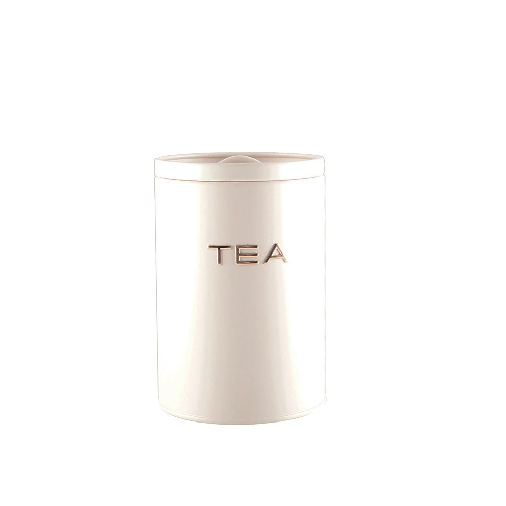 Boîte à thé en acier beige avec écriture dorée