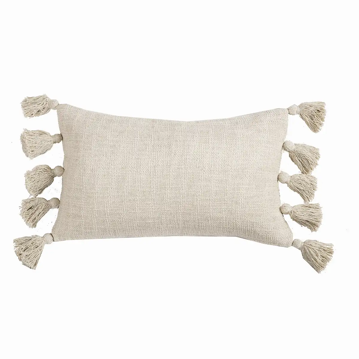 Housse de coussin à pompons en coton beige L.50 x l.30cm