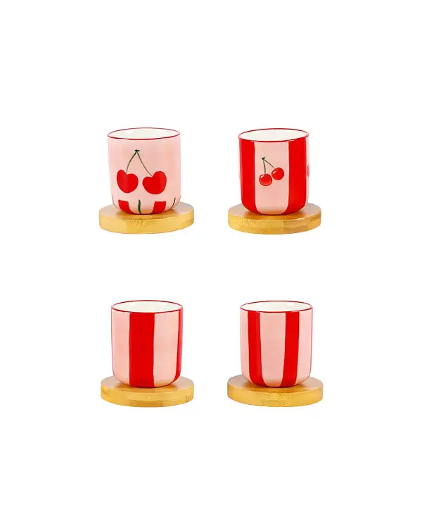 Tasses à café cerise avec sous-tasses en bois - lot de 4