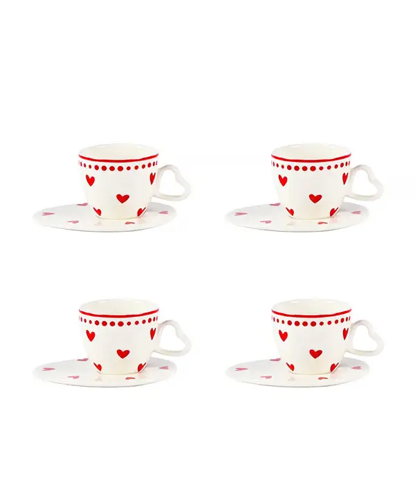 Tasses et sous-tasses à café coeur - lot de 4