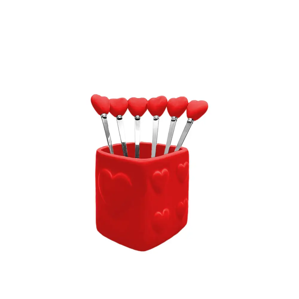 Cuillères à café coeur rouge avec support - lot de 6