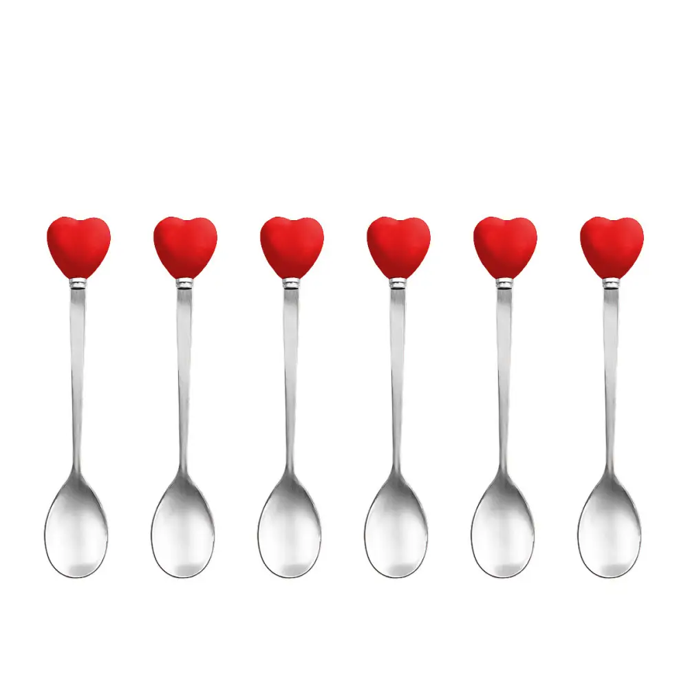 Cuillères à café coeur rouge avec support - lot de 6