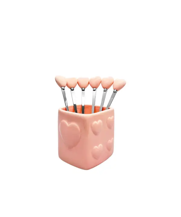 Cuillères à café coeur rose avec support - lot de 6
