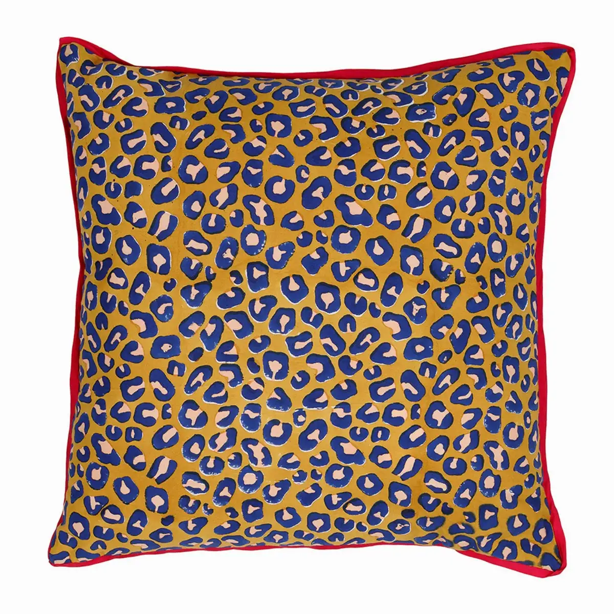 Housse Coussin en coton léopard camel et indigo 45x45cm