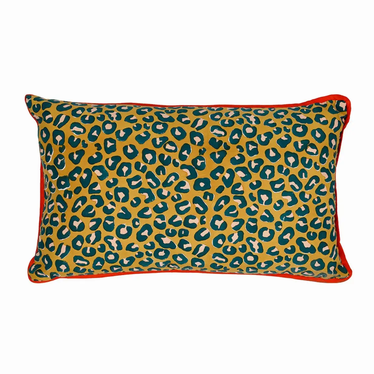 Housse Coussin en coton léopard émeraude et moutarde 50x30cm