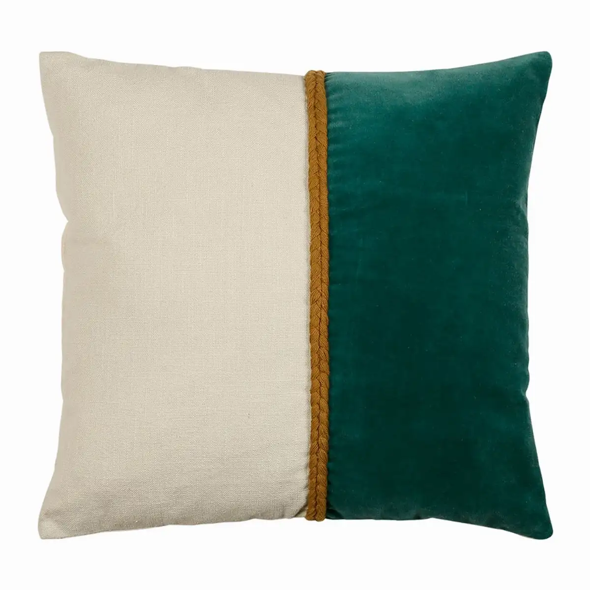 Housse de coussin en velours coton émeraude et écru 45x45cm