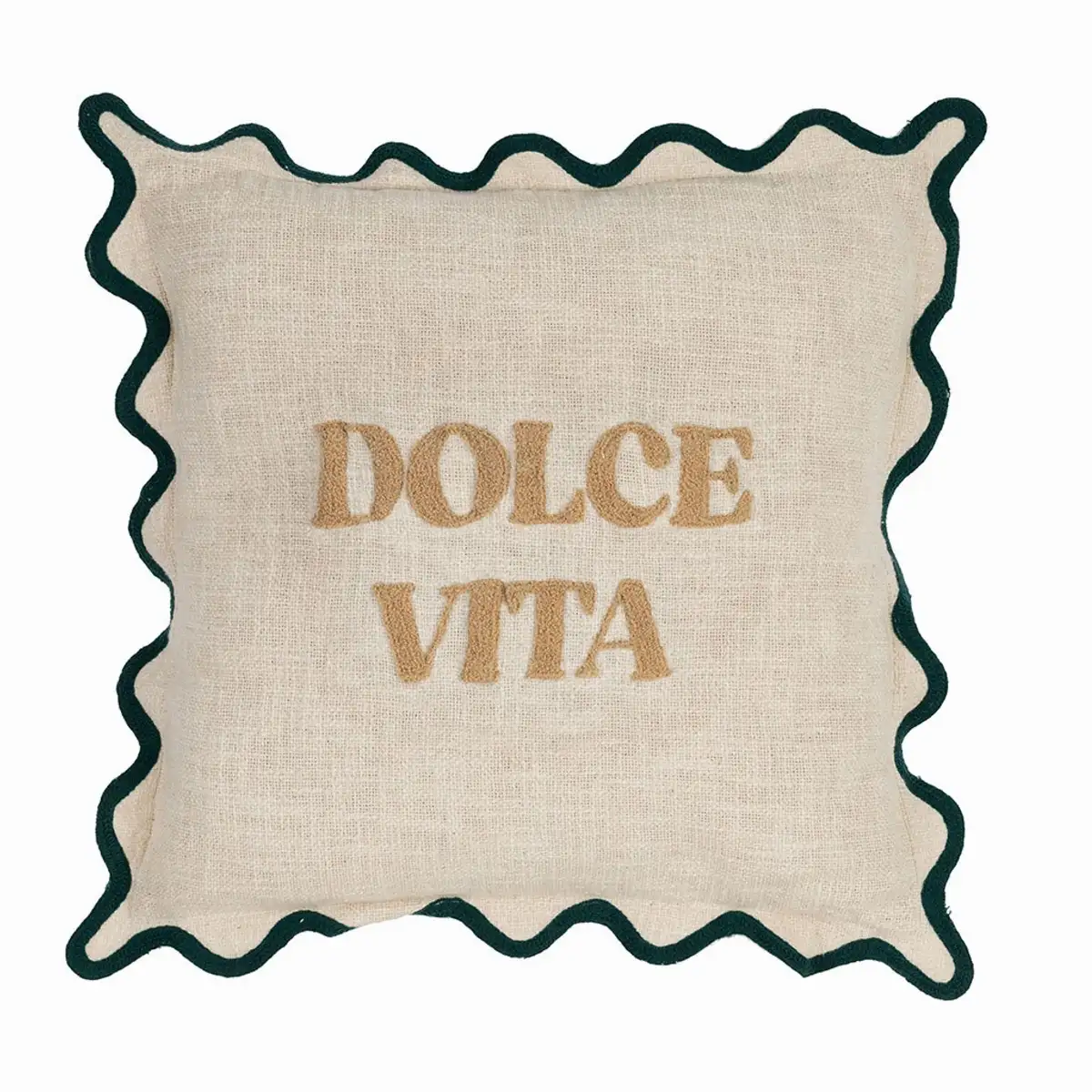 Housse de coussin brodée dolce vita en coton beige et émeraude 45x45cm